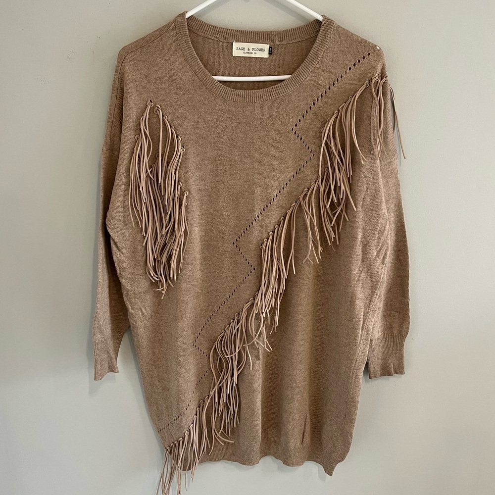 Sage & Flower Fringe Sweater